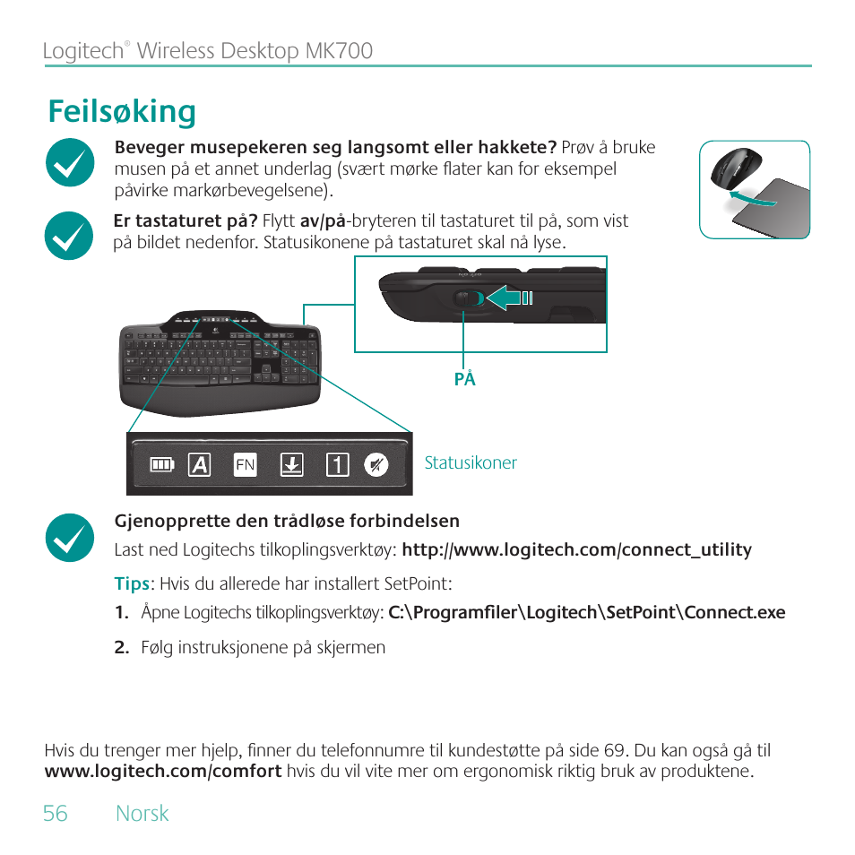 Feilsøking | Logitech MK700 User Manual | Page 56 / 72