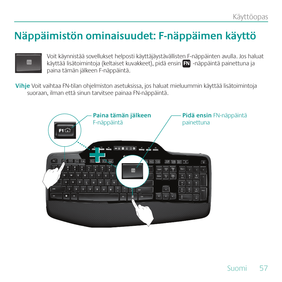 Näppäimistön ominaisuudet: f-näppäimen käyttö | Logitech MK700 User Manual | Page 57 / 72