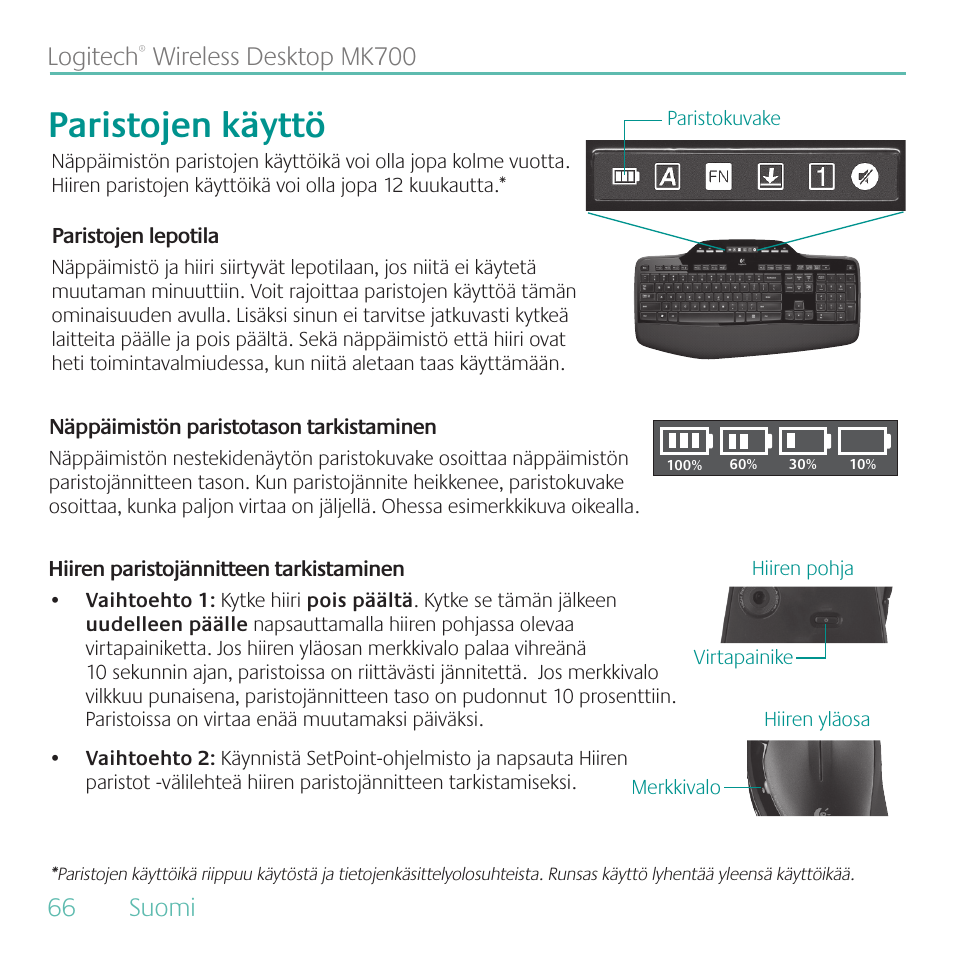 Paristojen käyttö, Logitech | Logitech MK700 User Manual | Page 66 / 72
