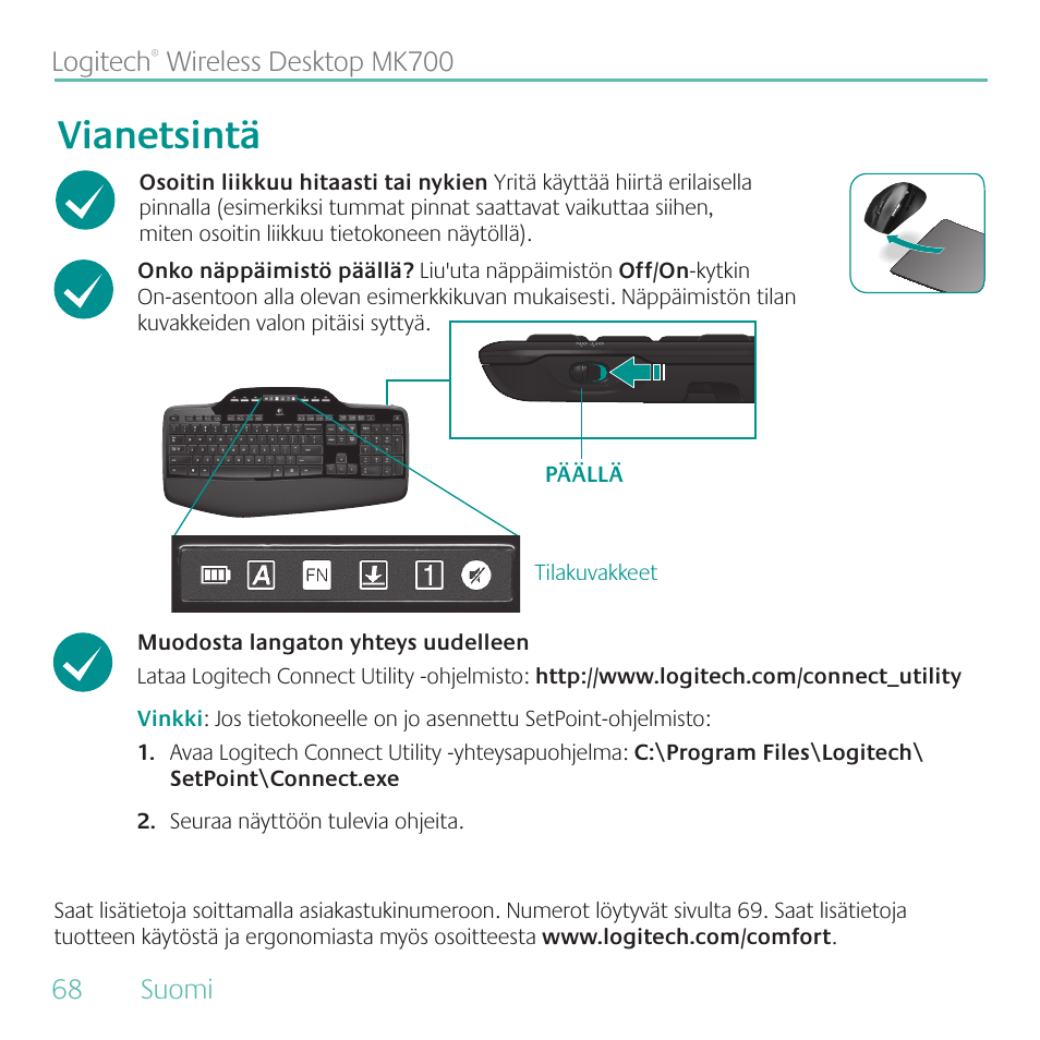 Vianetsintä | Logitech MK700 User Manual | Page 68 / 72