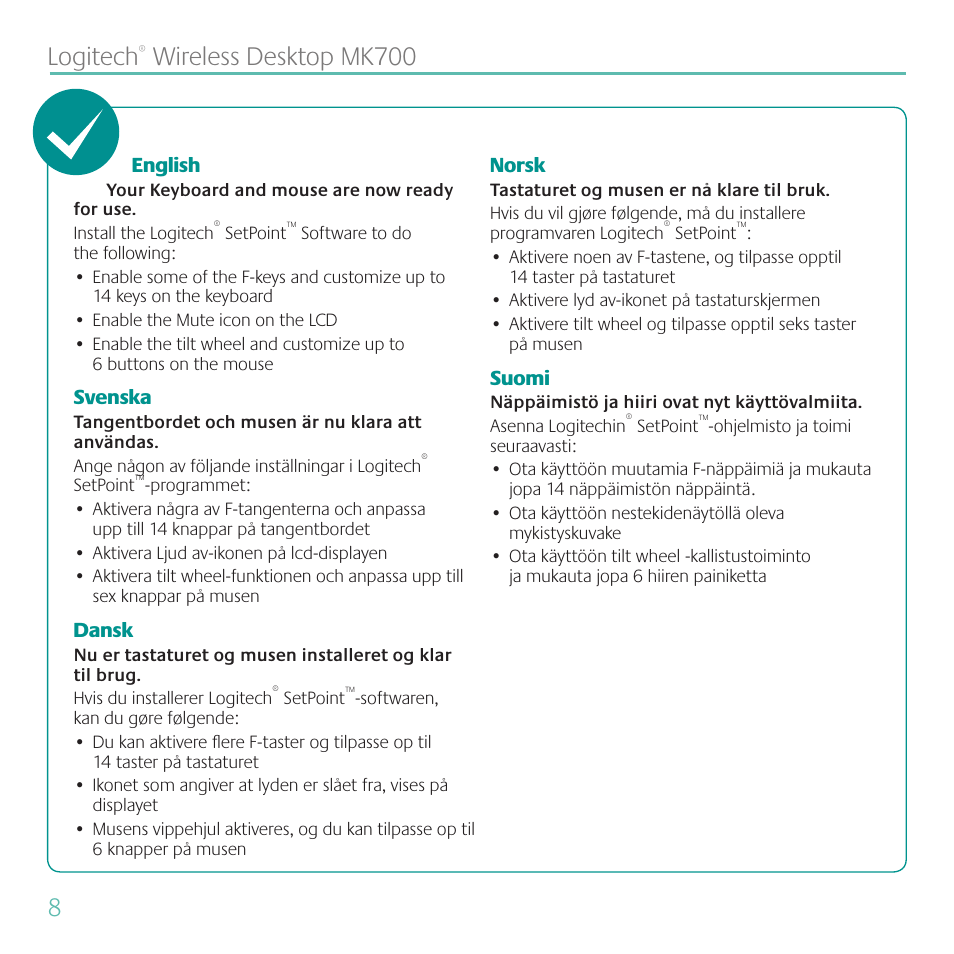 8logitech, Wireless desktop mk700 | Logitech MK700 User Manual | Page 8 / 72