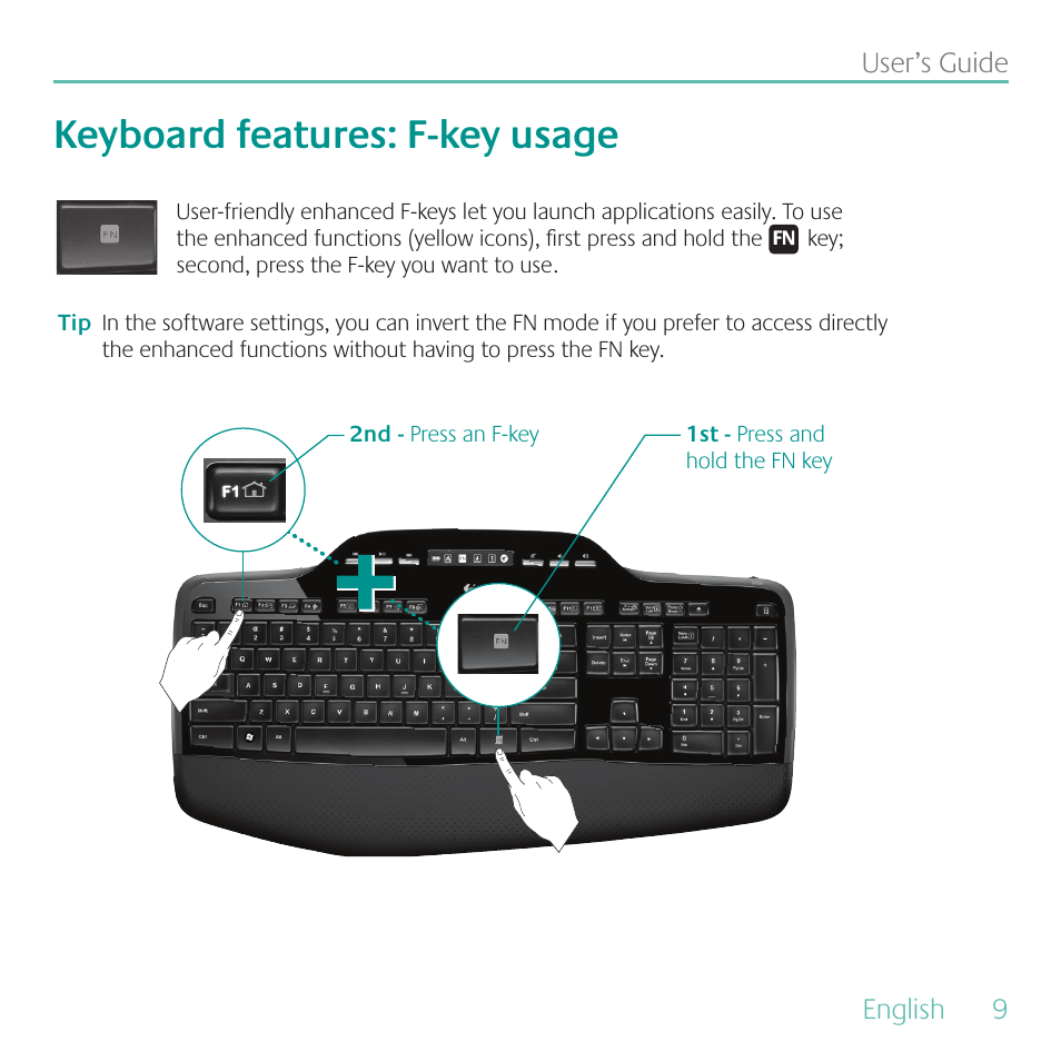 Keyboard features: f-key usage | Logitech MK700 User Manual | Page 9 / 72