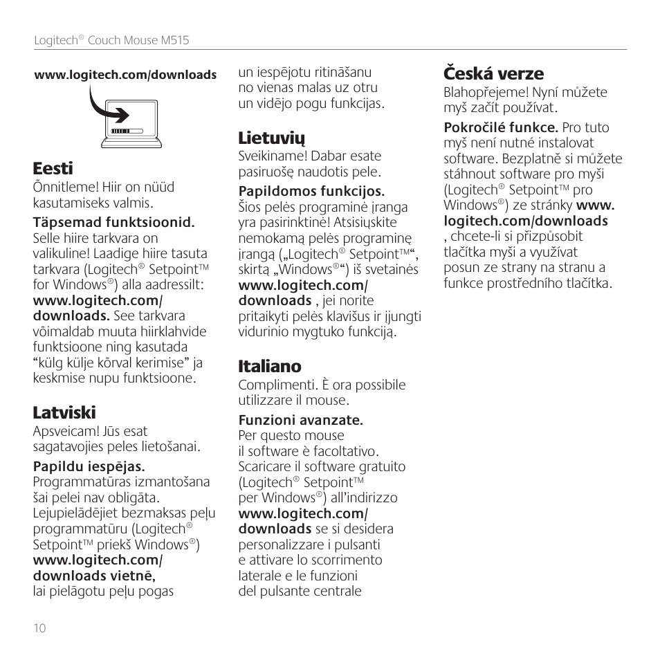Eesti, Latviski, Lietuvių | Italiano, Česká verze | Logitech Couch Mouse M515 User Manual | Page 10 / 37