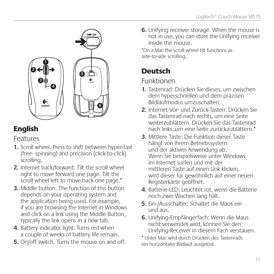 English features, Deutsch funktionen | Logitech Couch Mouse M515 User Manual | Page 11 / 37