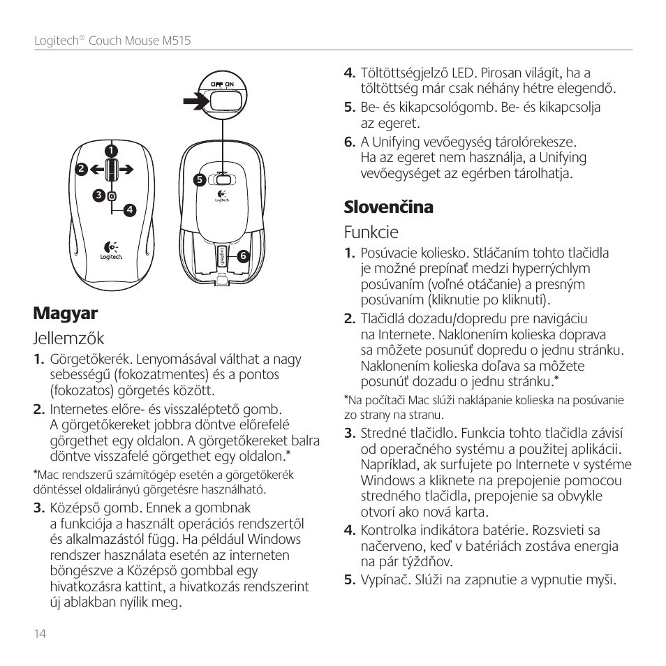 Magyar jellemzők, Slovenčina funkcie | Logitech Couch Mouse M515 User Manual | Page 14 / 37