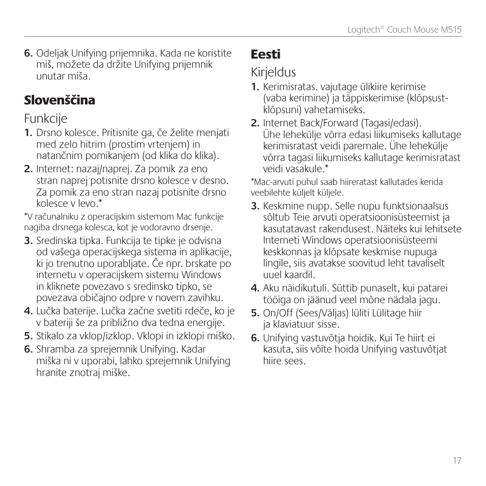 Slovenščina funkcije, Eesti kirjeldus | Logitech Couch Mouse M515 User Manual | Page 17 / 37