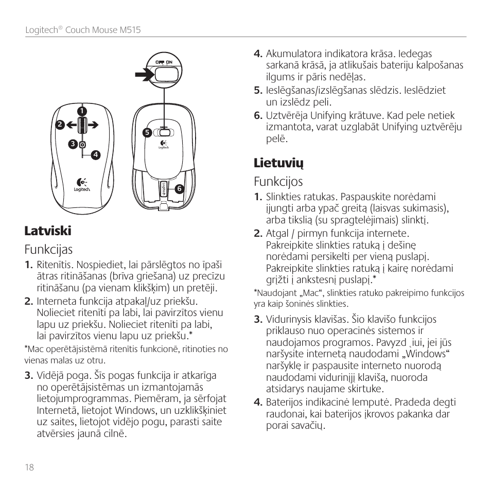 Latviski funkcijas, Lietuvių funkcijos | Logitech Couch Mouse M515 User Manual | Page 18 / 37