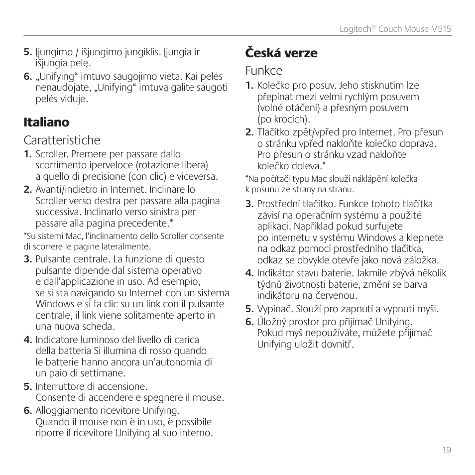 Italiano caratteristiche, Česká verze funkce | Logitech Couch Mouse M515 User Manual | Page 19 / 37
