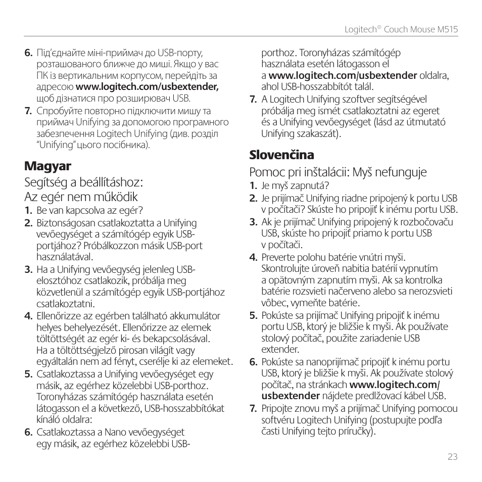 Slovenčina pomoc pri inštalácii: myš nefunguje | Logitech Couch Mouse M515 User Manual | Page 23 / 37