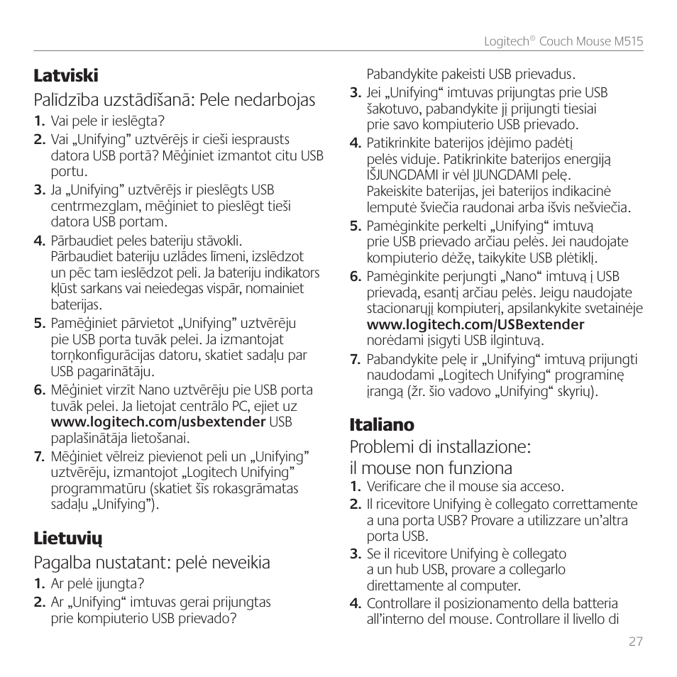 Latviski palīdzība uzstādīšanā: pele nedarbojas, Lietuvių pagalba nustatant: pelė neveikia | Logitech Couch Mouse M515 User Manual | Page 27 / 37