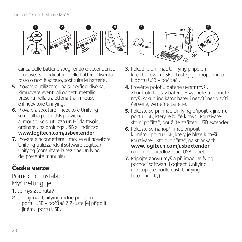 Česká verze pomoc při instalaci: myš nefunguje | Logitech Couch Mouse M515 User Manual | Page 28 / 37