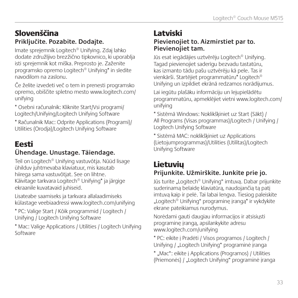 Slovenščina, Eesti, Latviski | Lietuvių | Logitech Couch Mouse M515 User Manual | Page 33 / 37