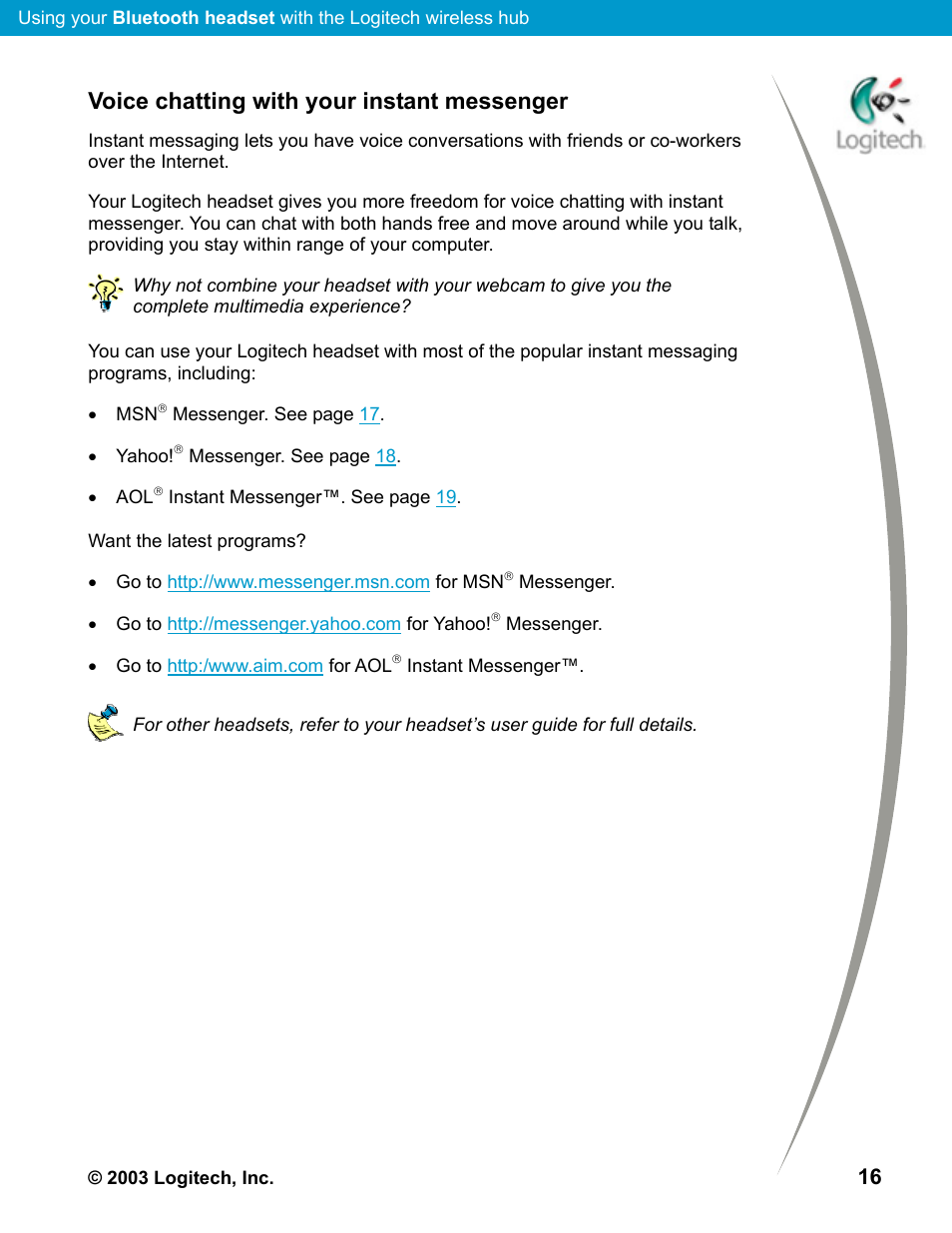 Voice chatting with your instant messenger, Voice chatting with your instant messenger 16 | Logitech Mobile Bluetooth User Manual | Page 16 / 24