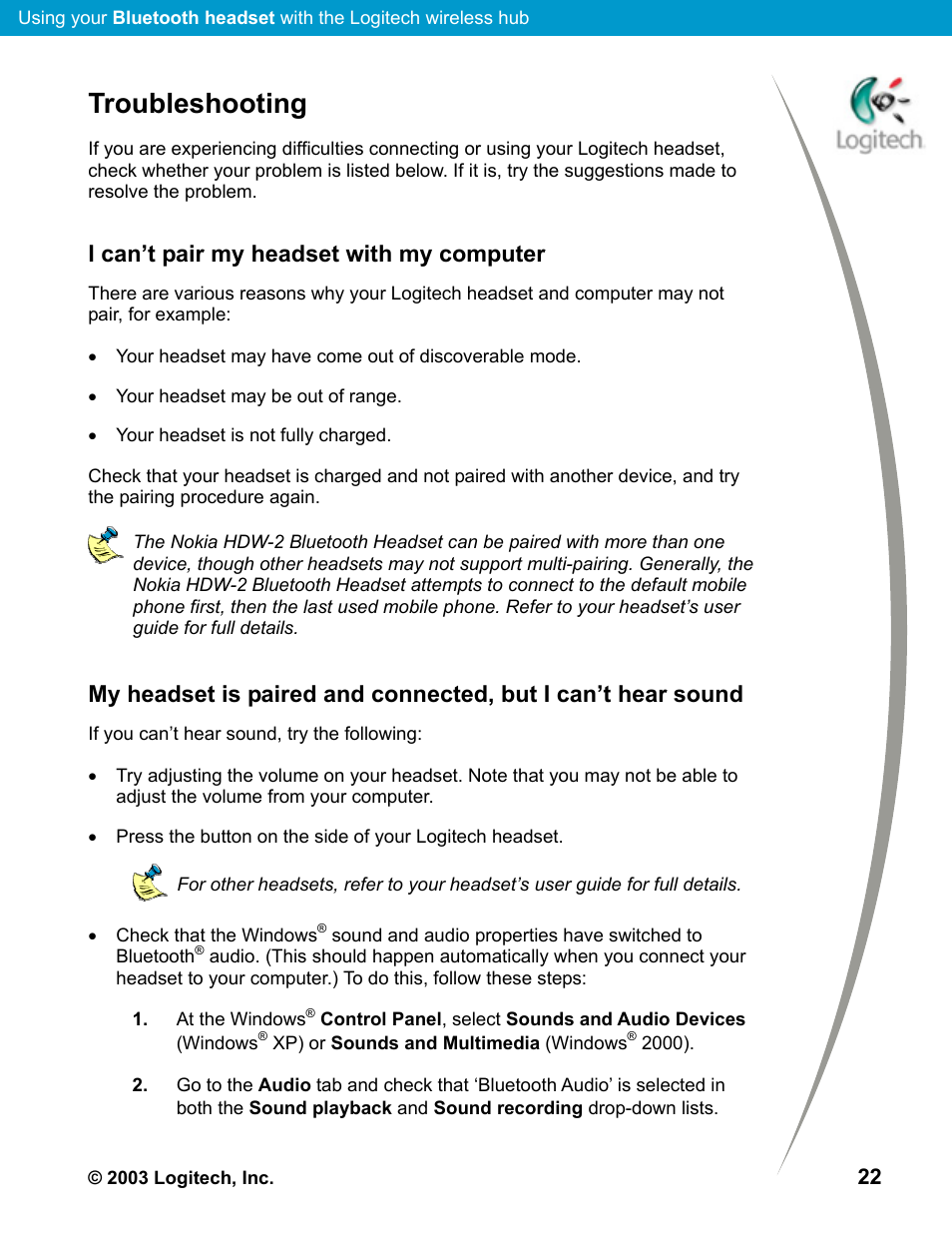 Troubleshooting, Troubleshooting 22, I can’t pair my headset with my computer | Logitech Mobile Bluetooth User Manual | Page 22 / 24