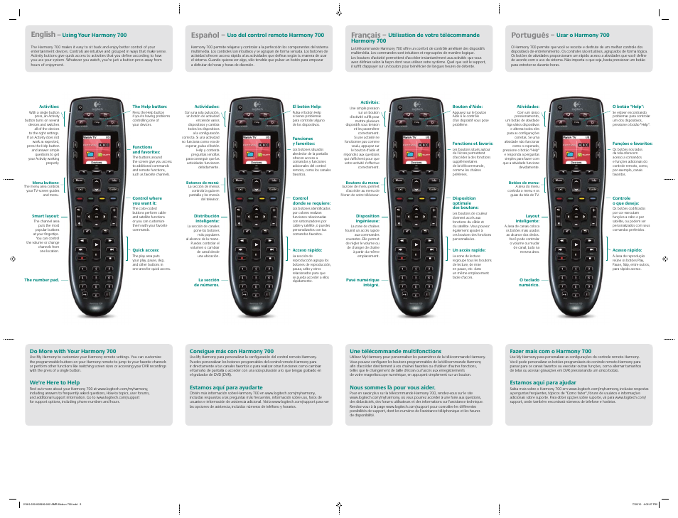 English, Français, Español | Português | Logitech Harmony 700 User Manual | Page 2 / 2