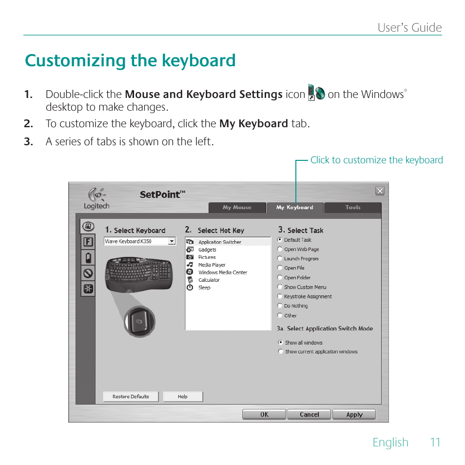 Customizing the keyboard | Logitech K350 User Manual | Page 11 / 40