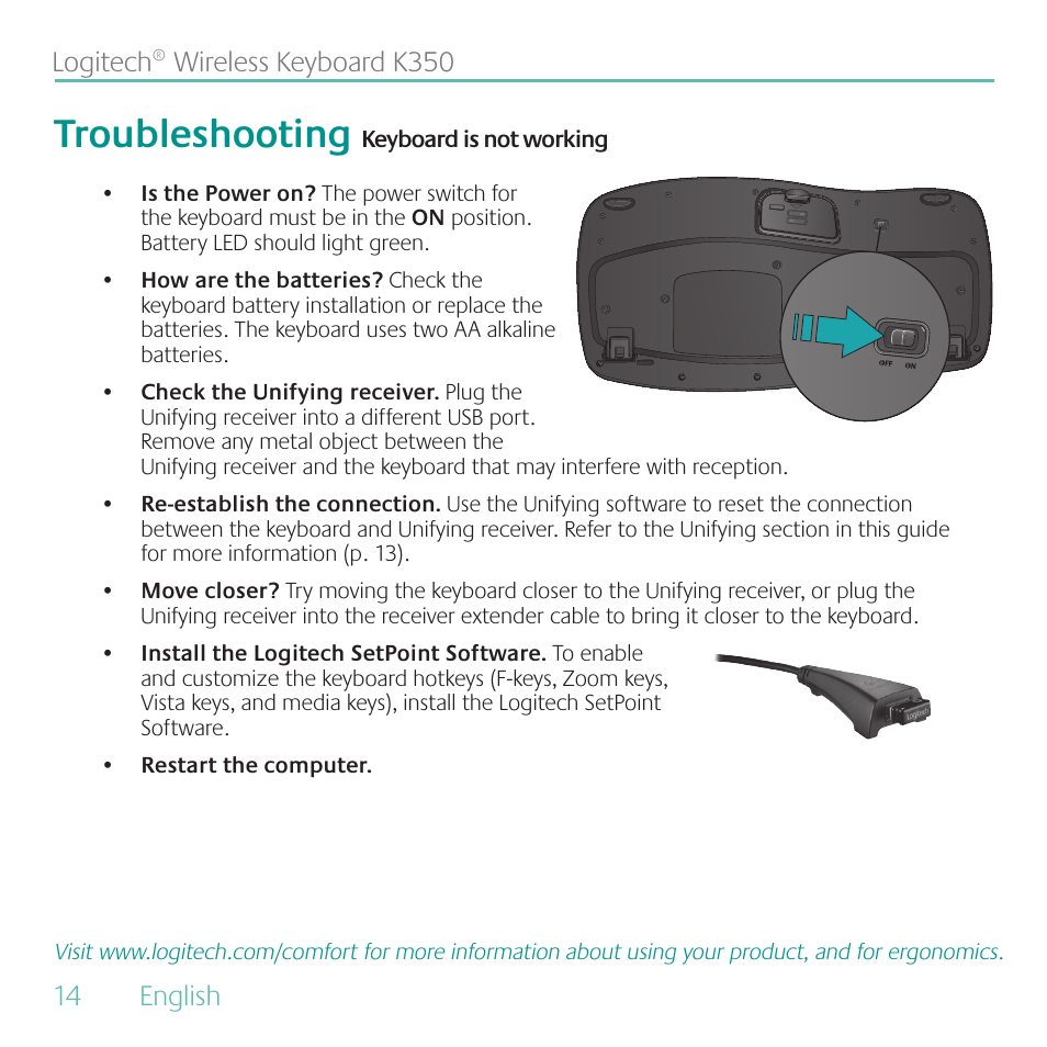 Troubleshooting | Logitech K350 User Manual | Page 14 / 40