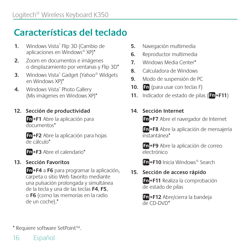 Características del teclado | Logitech K350 User Manual | Page 16 / 40