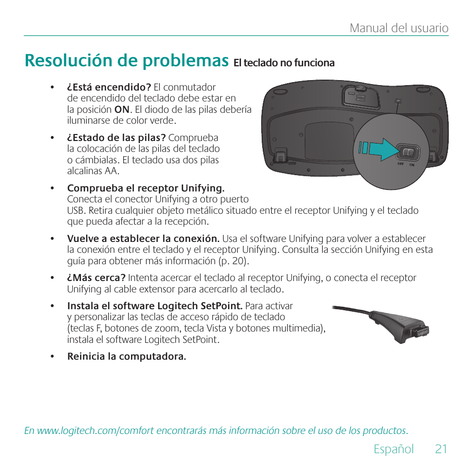 Resolución de problemas, Español, 21 manual del usuario | Logitech K350 User Manual | Page 21 / 40