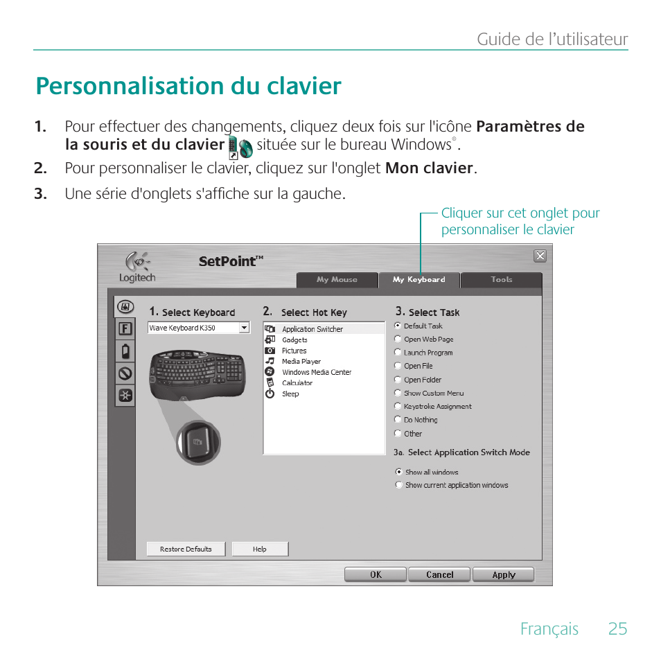 Personnalisation du clavier | Logitech K350 User Manual | Page 25 / 40