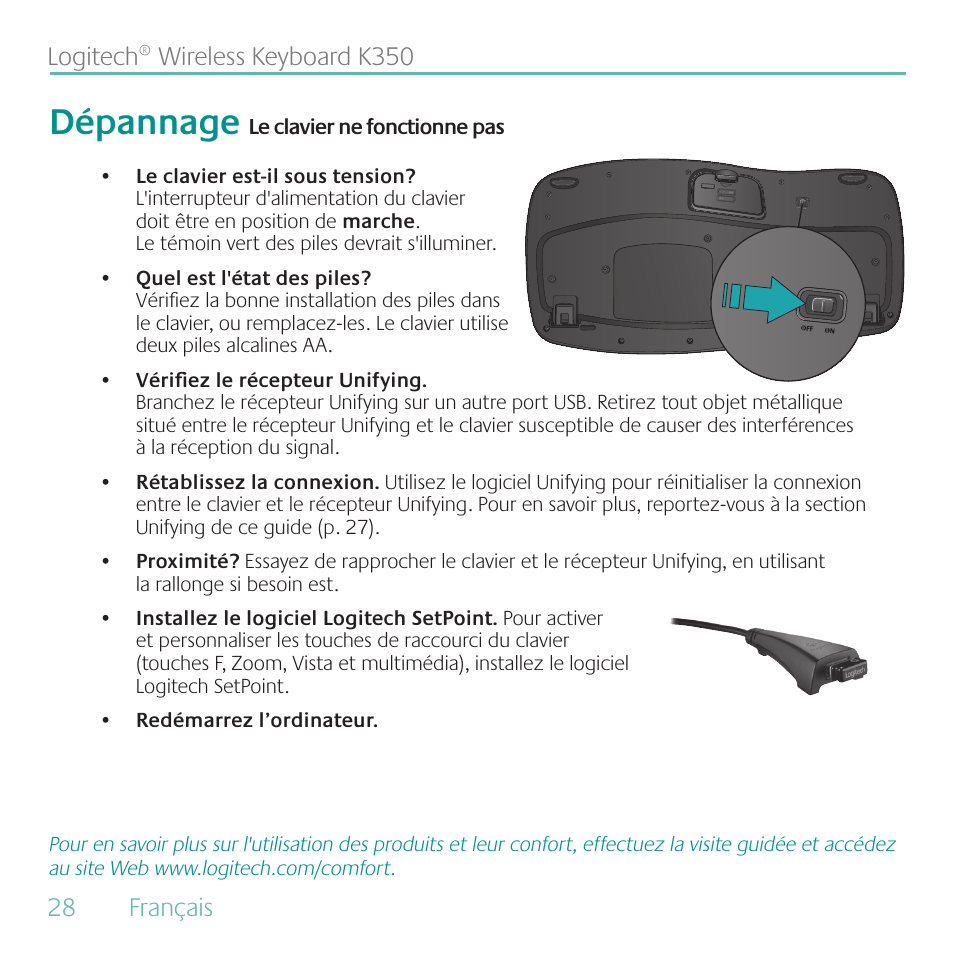 Dépannage | Logitech K350 User Manual | Page 28 / 40