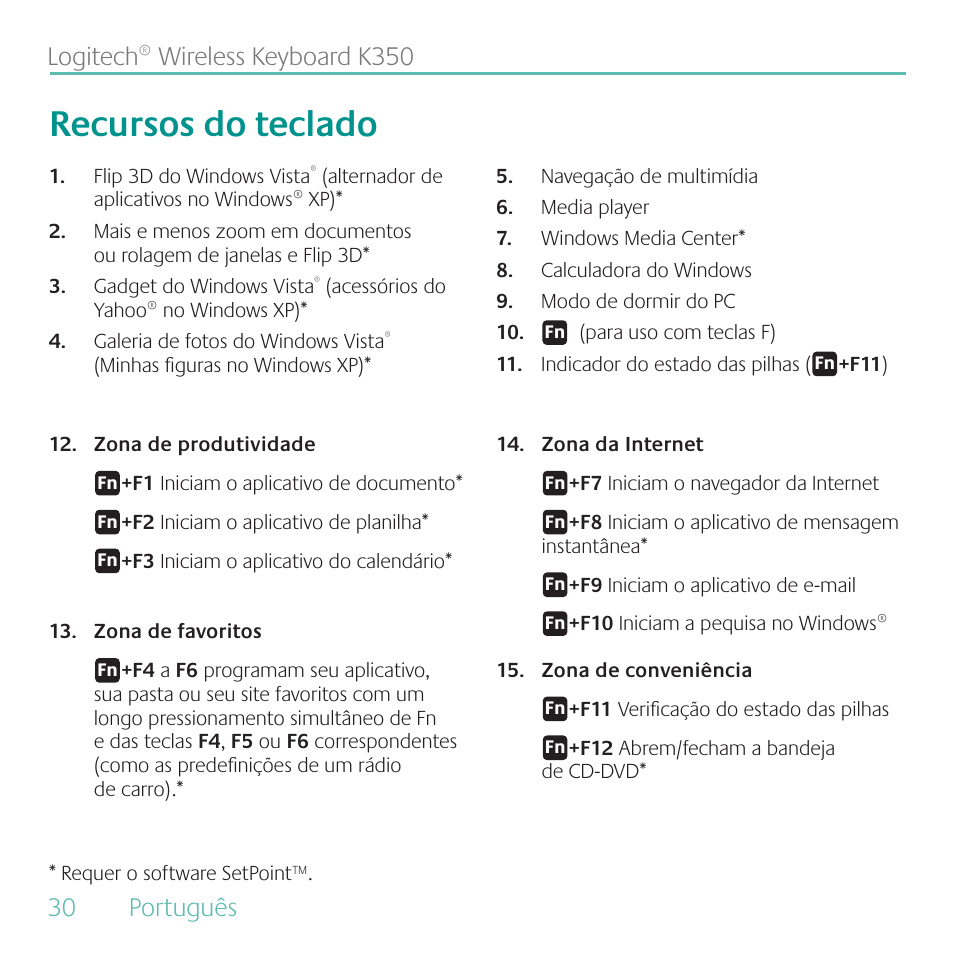 Recursos do teclado | Logitech K350 User Manual | Page 30 / 40