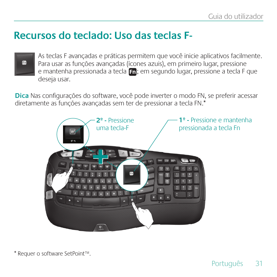 Recursos do teclado: uso das teclas f | Logitech K350 User Manual | Page 31 / 40