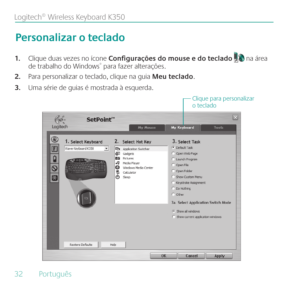 Personalizar o teclado | Logitech K350 User Manual | Page 32 / 40