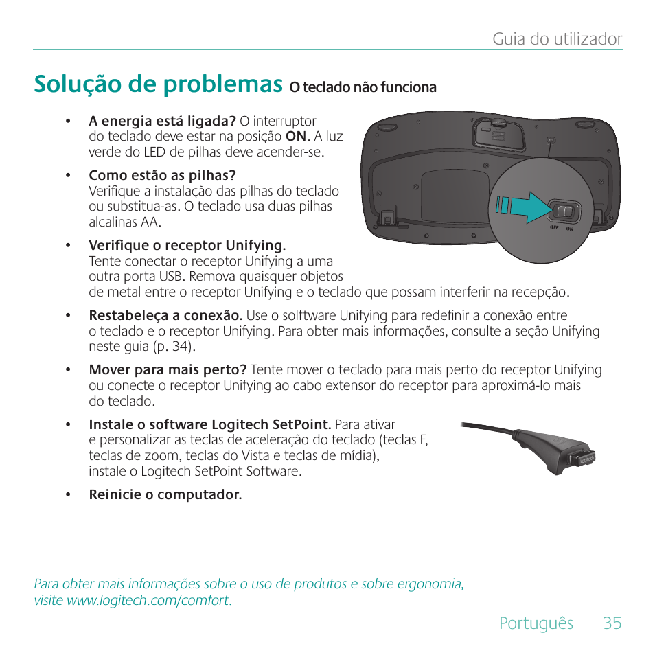 Solução de problemas, Português, 35 guia do utilizador | Logitech K350 User Manual | Page 35 / 40