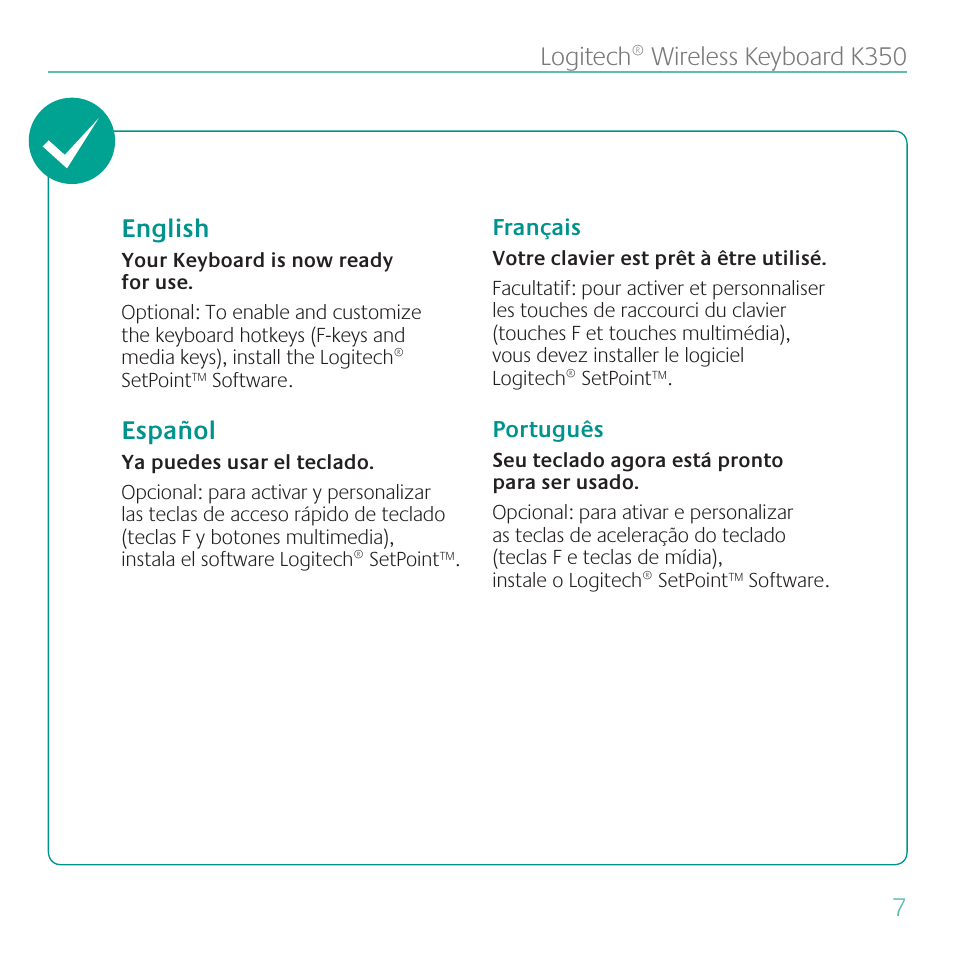 7logitech® wireless keyboard k350 english, Español | Logitech K350 User Manual | Page 7 / 40