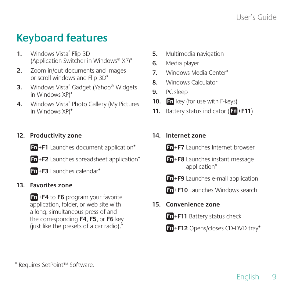 Keyboard features, English, 9user’s guide | Logitech K350 User Manual | Page 9 / 40