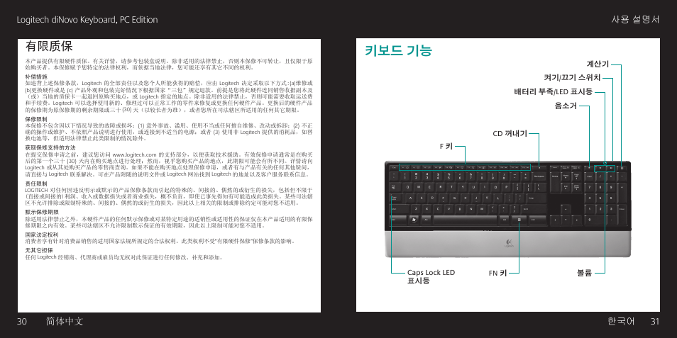 키보드 기능, 有限质保, 30 简体中文 logitech dinovo keyboard, pc edition 한국어 | 31 사용 설명서, 30 简体中文 logitech dinovo keyboard, pc edition | Logitech diNovo User Manual | Page 16 / 21