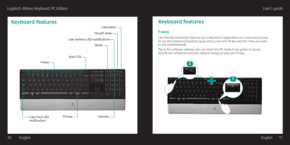 Keyboard features | Logitech diNovo User Manual | Page 6 / 21