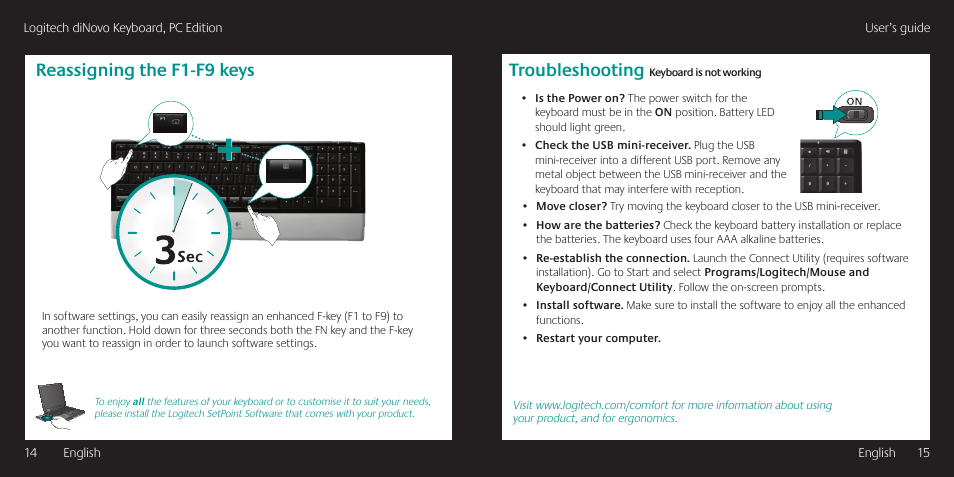 Troubleshooting, Reassigning the f1-f9 keys | Logitech diNovo User Manual | Page 8 / 21