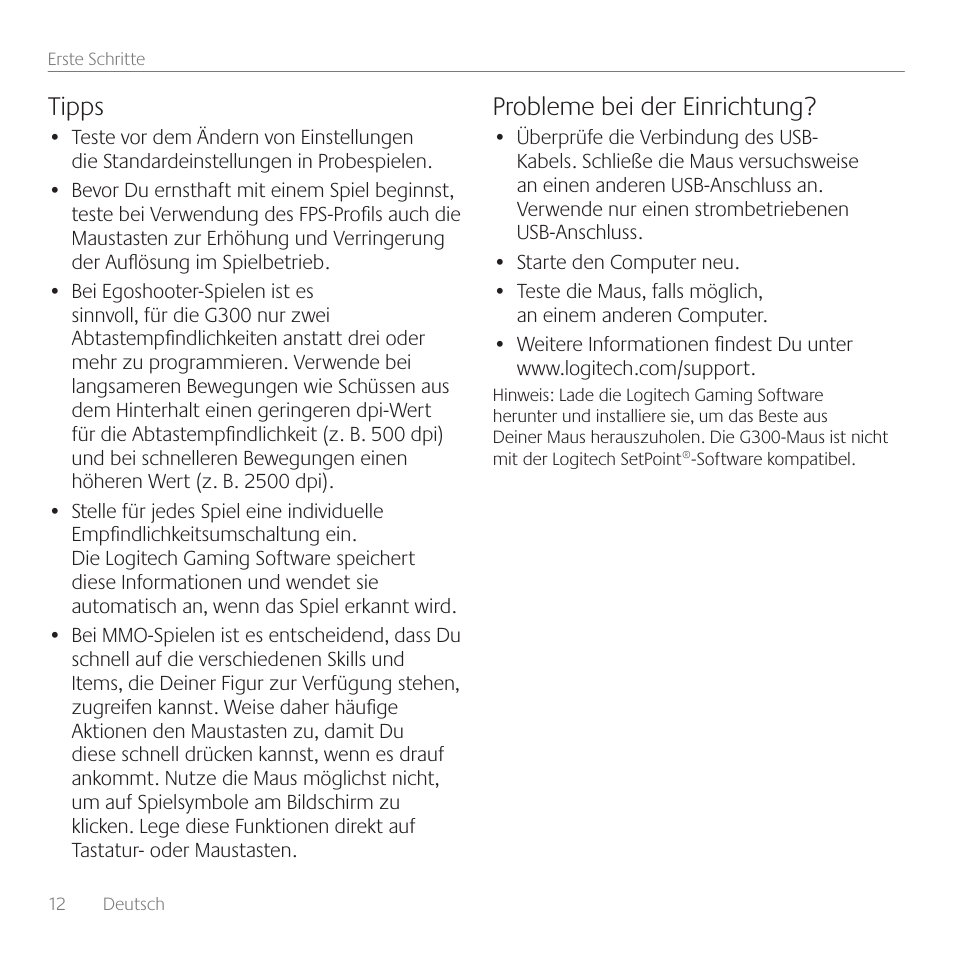 Tipps, Probleme bei der einrichtung | Logitech Gaming Mouse G300 User Manual | Page 12 / 80