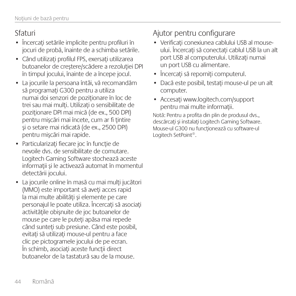 Sfaturi, Ajutor pentru configurare | Logitech Gaming Mouse G300 User Manual | Page 44 / 80