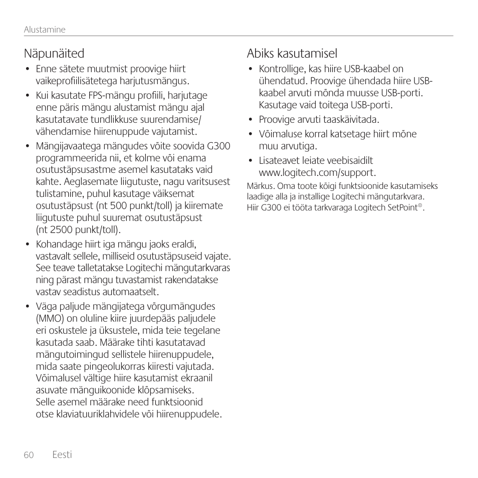 Näpunäited, Abiks kasutamisel | Logitech Gaming Mouse G300 User Manual | Page 60 / 80