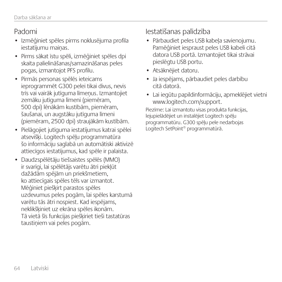 Padomi, Iestatīšanas palīdzība | Logitech Gaming Mouse G300 User Manual | Page 64 / 80