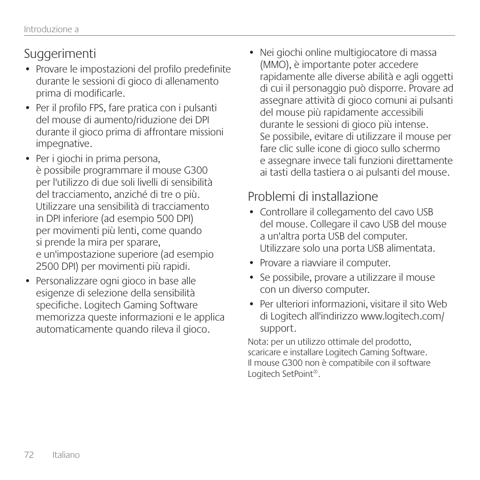 Suggerimenti, Problemi di installazione | Logitech Gaming Mouse G300 User Manual | Page 72 / 80