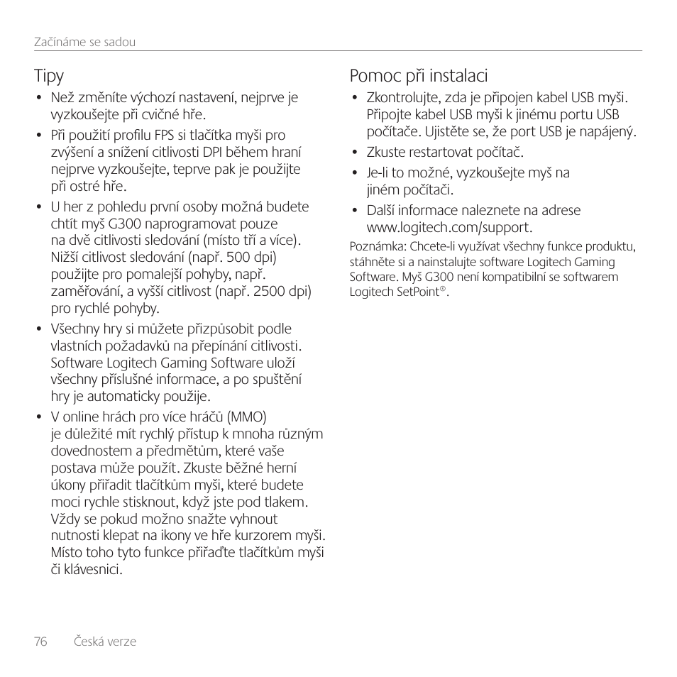 Tipy, Pomoc při instalaci | Logitech Gaming Mouse G300 User Manual | Page 76 / 80