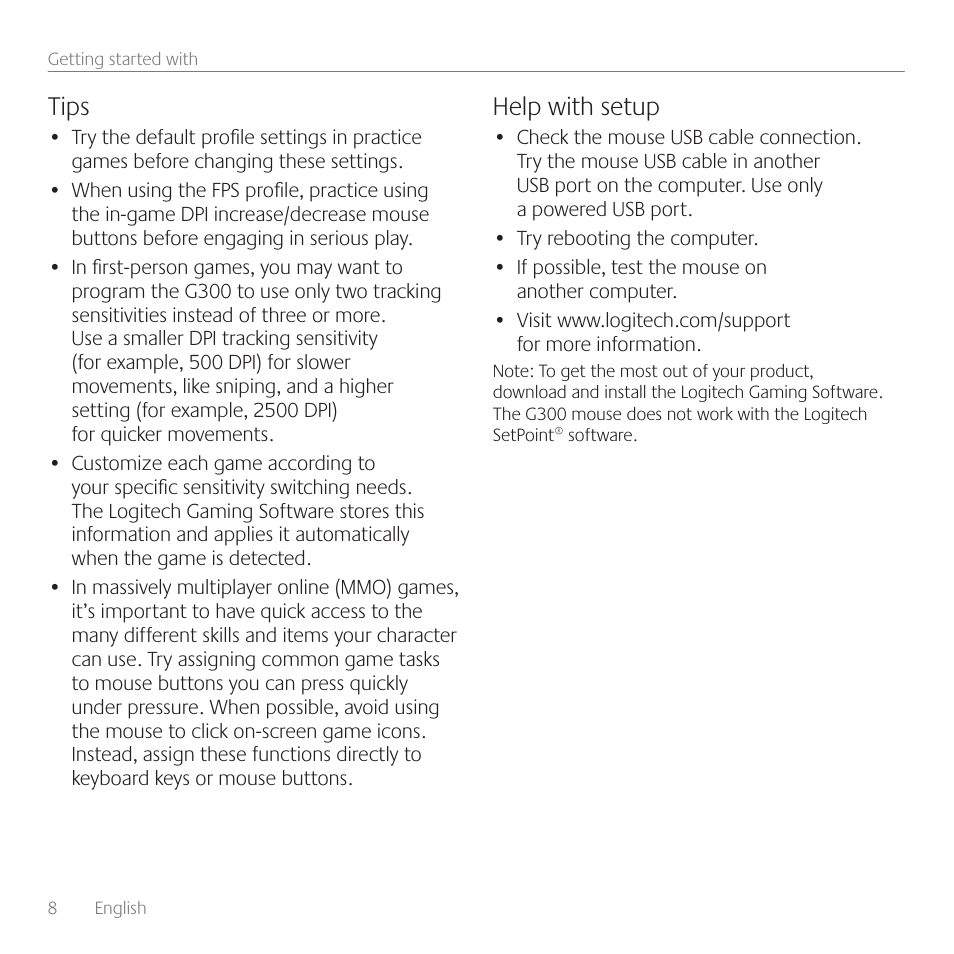 Tips, Help with setup | Logitech Gaming Mouse G300 User Manual | Page 8 / 80