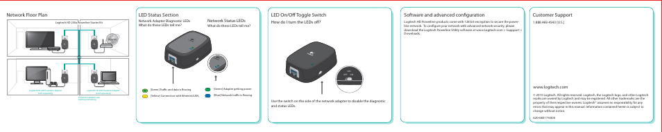 Network floor plan, Software and advanced configuration, Customer support | Led on/off toggle switch, Network status leds, How do i turn the leds off | Logitech HD Powerline 200a Starter Kit for Revue & Internet-Connected Devices 930-000131 User Manual | Page 2 / 2