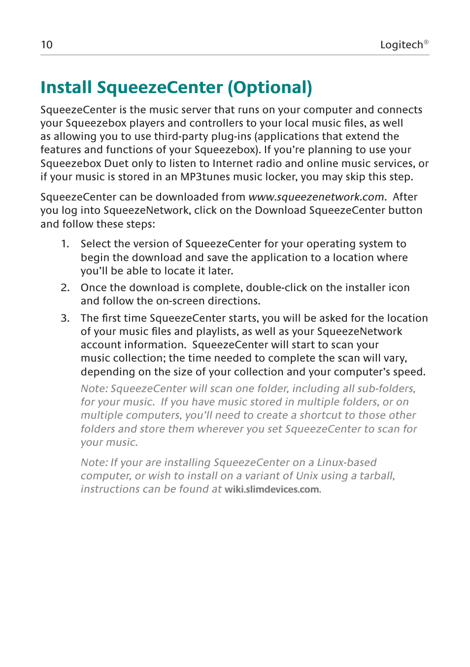 Install squeezecenter (optional) | Logitech Network Music System User Manual | Page 11 / 45