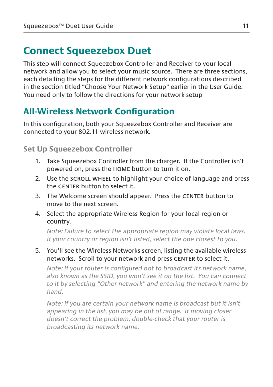 Connect squeezebox duet, All-wireless network configuration, Set up squeezebox controller | Logitech Network Music System User Manual | Page 12 / 45