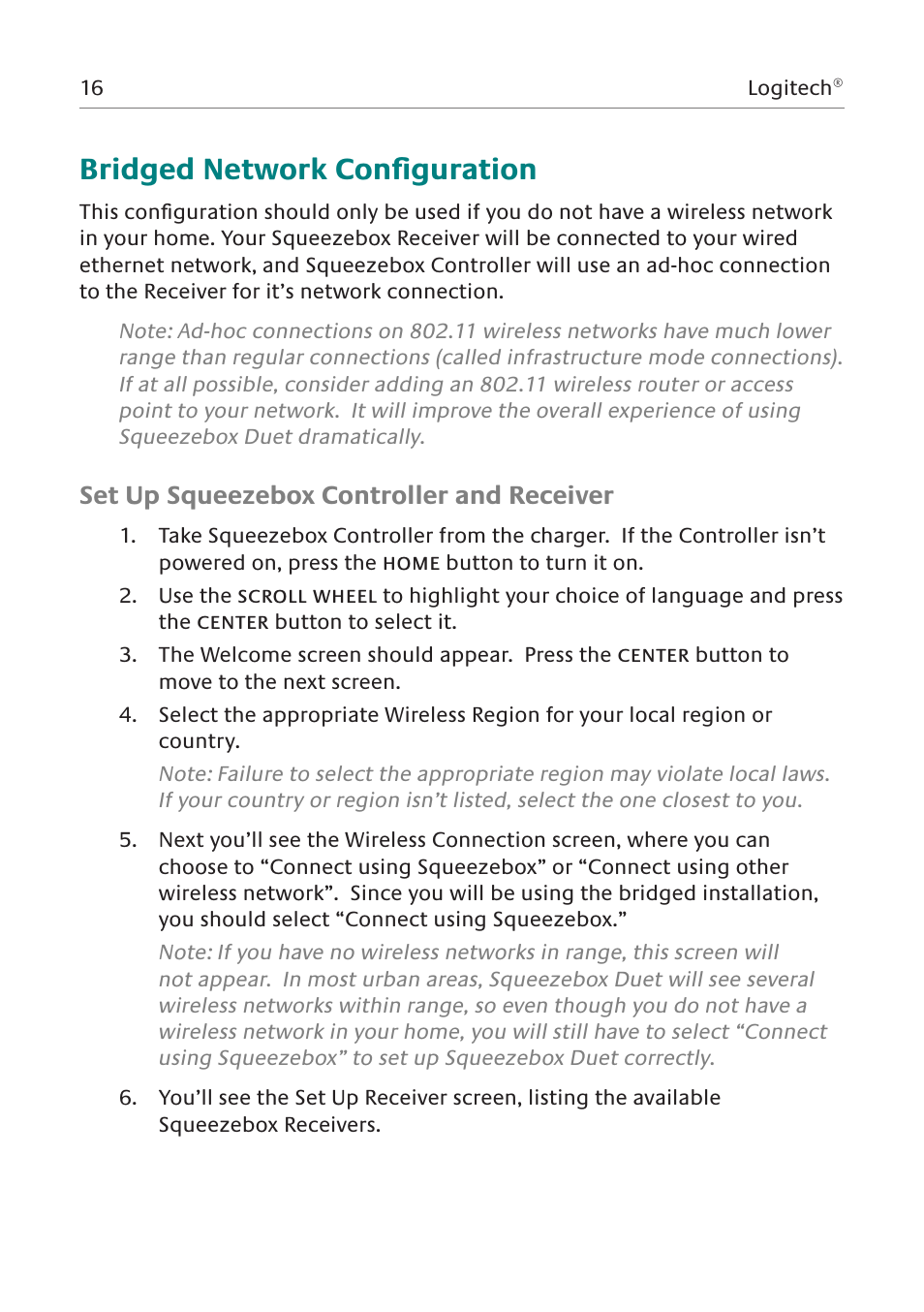 Bridged network configuration, Set up squeezebox controller and receiver | Logitech Network Music System User Manual | Page 17 / 45