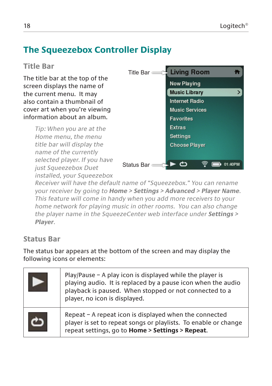 The squeezebox controller display, Title bar, Status bar | Logitech Network Music System User Manual | Page 19 / 45