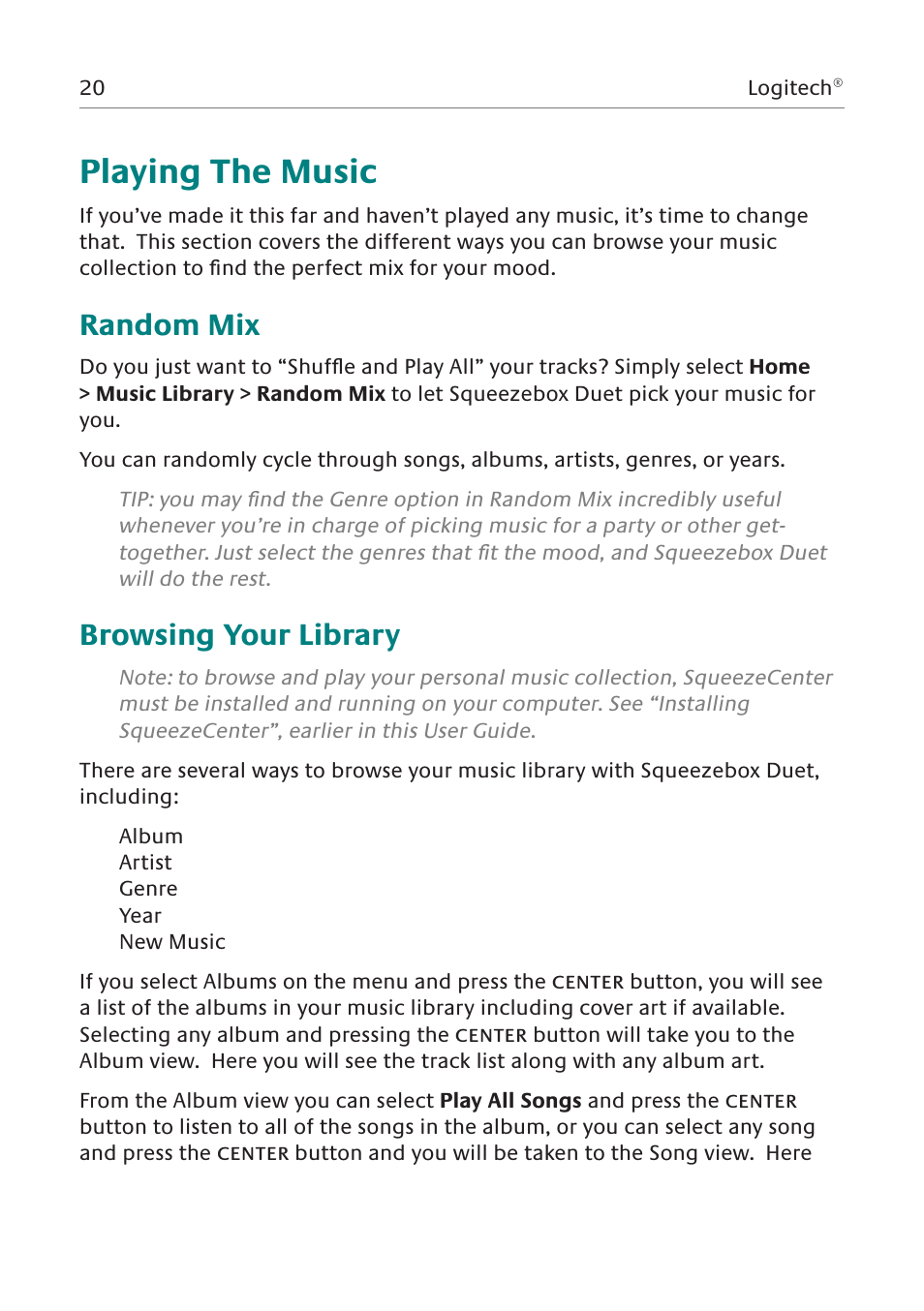 Playing the music, Random mix, Browsing your library | Logitech Network Music System User Manual | Page 21 / 45