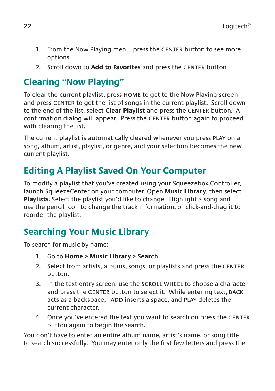 Clearing “now playing, Editing a playlist saved on your computer, Searching your music library | Logitech Network Music System User Manual | Page 23 / 45