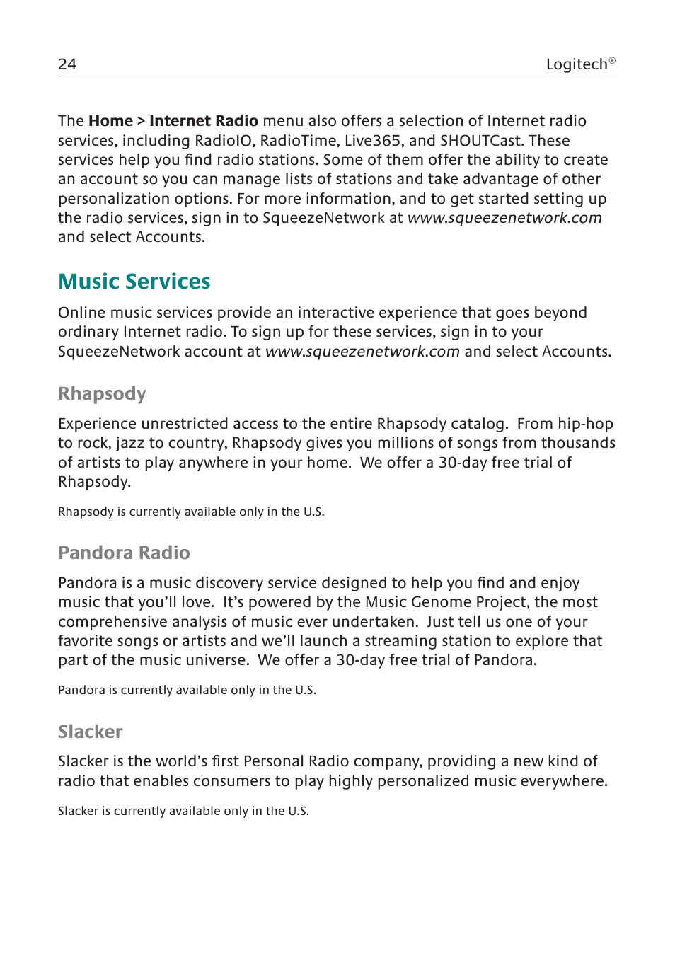Music services, Rhapsody, Pandora radio | Slacker | Logitech Network Music System User Manual | Page 25 / 45