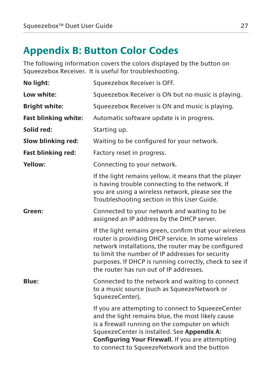 Appendix b: button color codes | Logitech Network Music System User Manual | Page 28 / 45